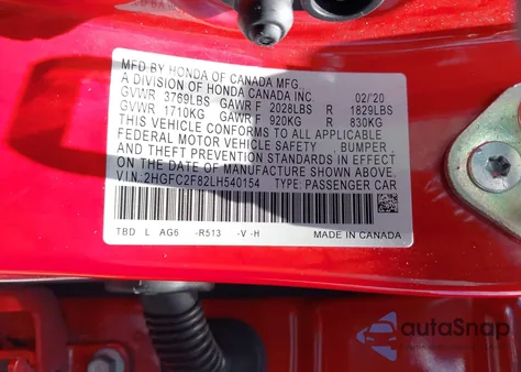 2020 Honda Civic Sport z USA, uszkodzony, nr VIN 2HGFC2F82LH540154